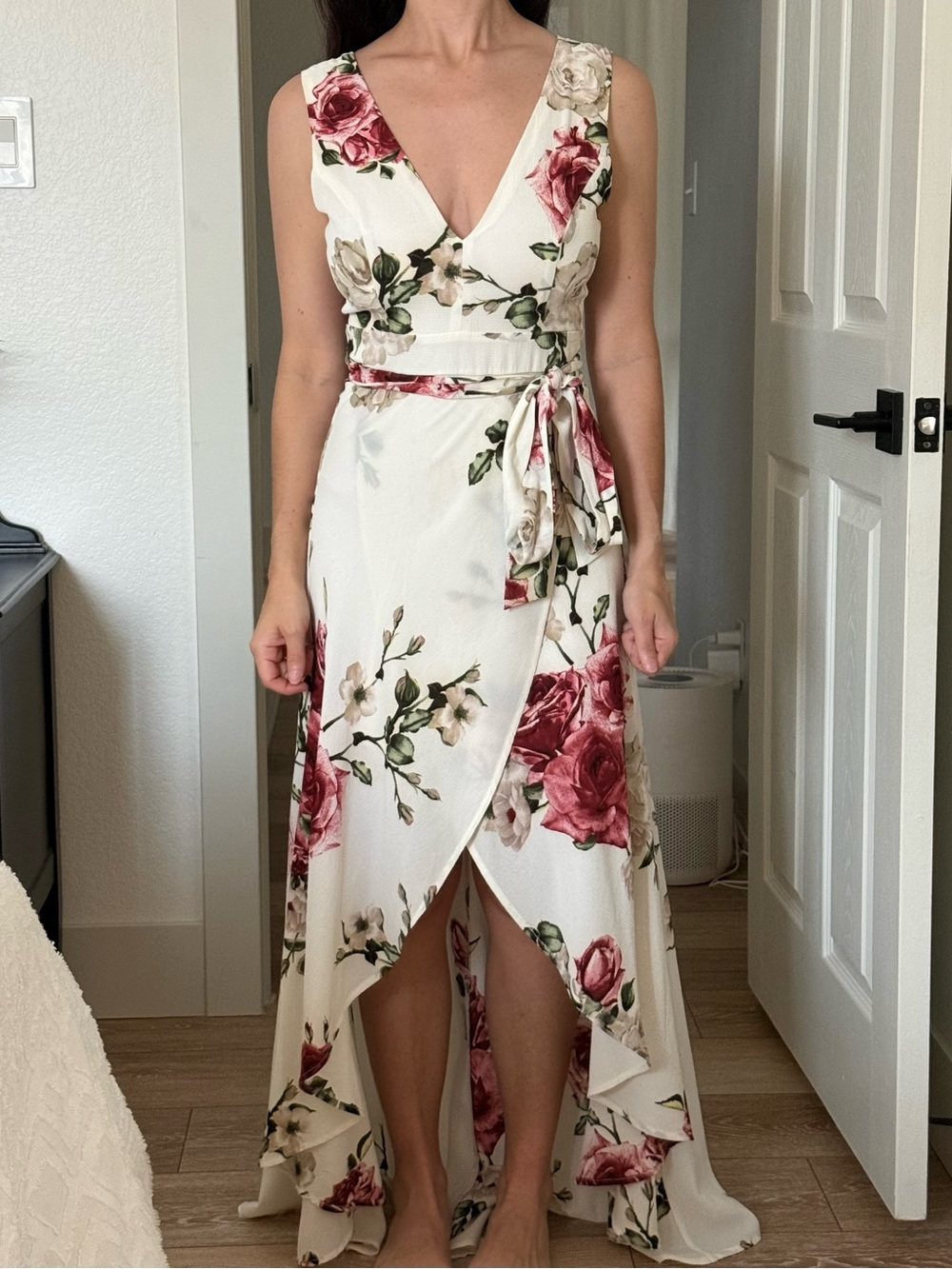 Floral V-Neck Wrap Maxi Dress in Ivory and Rose